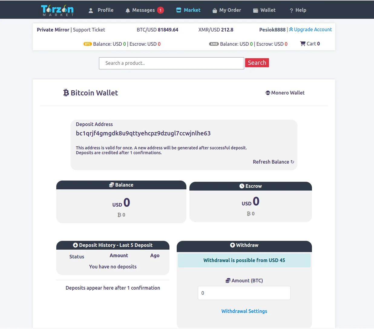 Torzon Market cryptocurrency wallet showing Bitcoin and Monero balances